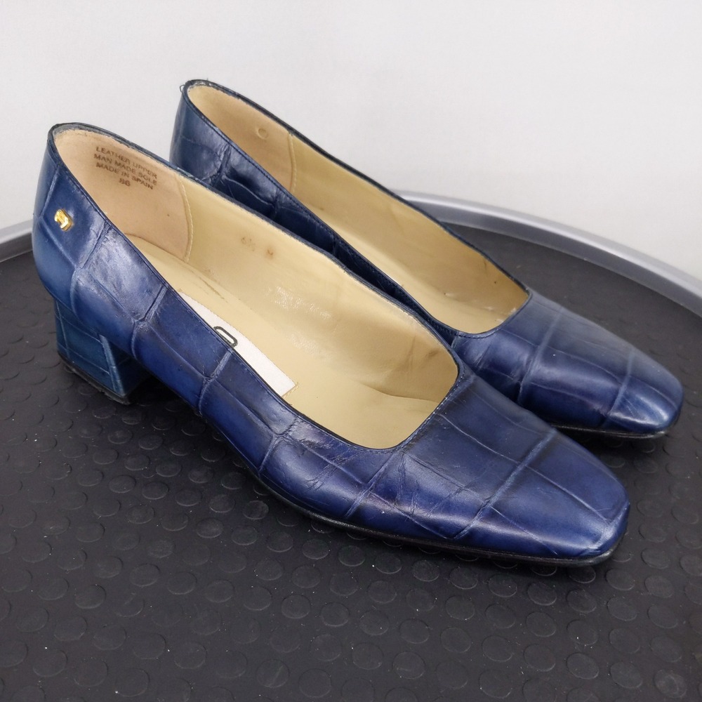Etienne Aigner Pumps Womens 6.5 Blue Croc Embossed Leather Block Heel Square Toe